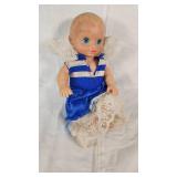 Vintage Doll in Blue Dress with Lace Accents
