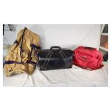 Tan Duffel Bag, Black Leather Bag, and Red Travel Bag