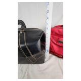 Tan Duffel Bag, Black Leather Bag, and Red Travel Bag