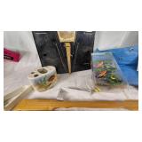 Vintage Household Items including Scale, Shower Curtain Liner, and Wall Hooks