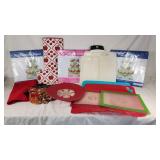 Kitchen and Baking Accessories Lot including Cupcake Stands, Cutting Boards, and Apple-Themed Towels