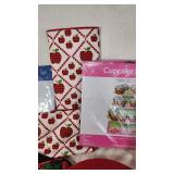 Kitchen and Baking Accessories Lot including Cupcake Stands, Cutting Boards, and Apple-Themed Towels