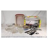 Kitchenware and Utensils Lot including Glass Bowls, Cutlery, and Storage Containers