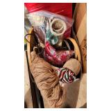 Craft Supplies and Holiday Decorations including Yarn, Wrapping Paper, and Quilting Magazines with rolling drawer plastic cabinet