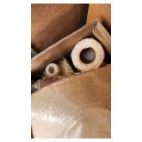 Craft Supplies and Holiday Decorations including Yarn, Wrapping Paper, and Quilting Magazines with rolling drawer plastic cabinet