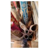 Craft Supplies and Holiday Decorations including Yarn, Wrapping Paper, and Quilting Magazines with rolling drawer plastic cabinet