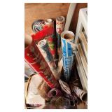 Craft Supplies and Holiday Decorations including Yarn, Wrapping Paper, and Quilting Magazines with rolling drawer plastic cabinet
