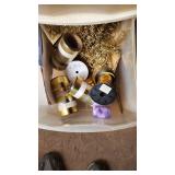 Craft Supplies and Holiday Decorations including Yarn, Wrapping Paper, and Quilting Magazines with rolling drawer plastic cabinet