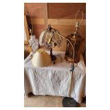 Crystal Table Lamp (broken), Floral Glass Lamp, Wooden Lantern Lamp, and Brass Floor Lamp