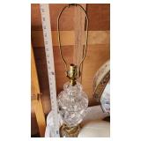 Crystal Table Lamp (broken), Floral Glass Lamp, Wooden Lantern Lamp, and Brass Floor Lamp