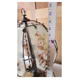 Crystal Table Lamp (broken), Floral Glass Lamp, Wooden Lantern Lamp, and Brass Floor Lamp