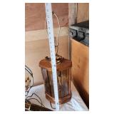 Crystal Table Lamp (broken), Floral Glass Lamp, Wooden Lantern Lamp, and Brass Floor Lamp