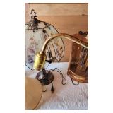 Crystal Table Lamp (broken), Floral Glass Lamp, Wooden Lantern Lamp, and Brass Floor Lamp