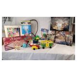 Assorted Toys and Games including Scrabble, Lincoln Logs, and Puzzles