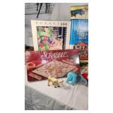Assorted Toys and Games including Scrabble, Lincoln Logs, and Puzzles