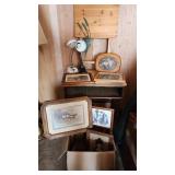 Lot of Framed Artwork, Lamps, and Folding Table