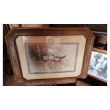 Lot of Framed Artwork, Lamps, and Folding Table