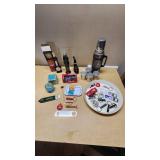 Budweiser and Jameson Openers, Vintage Thermos, and Decorative Bottles