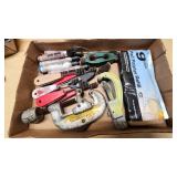 Assorted Tools and Hardware Items including Pipe Cutters, Clamps, Caster Wheels, and Gas Container