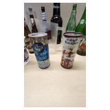 Collection of Vintage Beverage Bottles and Cans Including Miller, Schlitz, 7-Up, and Coca-Cola