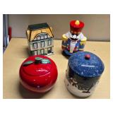 Ceramic Cookie Jars including Nutcracker, House, Apple, and Snowman Scene