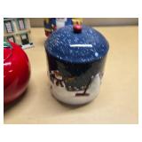 Ceramic Cookie Jars including Nutcracker, House, Apple, and Snowman Scene