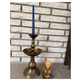 Brass Candelabrum Candlestick with Blue Taper & Ivory Deer-Motif Candle on Antler Base (Japan)