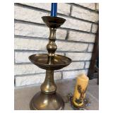 Brass Candelabrum Candlestick with Blue Taper & Ivory Deer-Motif Candle on Antler Base (Japan)
