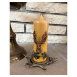 Brass Candelabrum Candlestick with Blue Taper & Ivory Deer-Motif Candle on Antler Base (Japan)