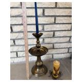 Brass Candelabrum Candlestick with Blue Taper & Ivory Deer-Motif Candle on Antler Base (Japan)