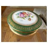 Limoges France Vintage Green Floral Round Trinket Box with Music-Note Corkscrew Opener