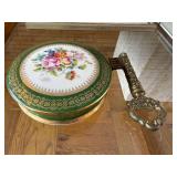 Limoges France Vintage Green Floral Round Trinket Box with Music-Note Corkscrew Opener