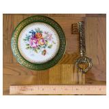 Limoges France Vintage Green Floral Round Trinket Box with Music-Note Corkscrew Opener