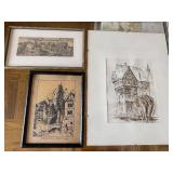 Three Framed European Architectural Prints & Drawing - Munich & Riedlingen 1964