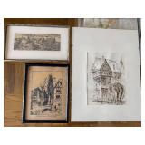 Three Framed European Architectural Prints & Drawing - Munich & Riedlingen 1964