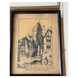 Three Framed European Architectural Prints & Drawing - Munich & Riedlingen 1964