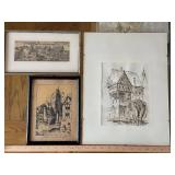 Three Framed European Architectural Prints & Drawing - Munich & Riedlingen 1964