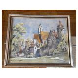 Framed Castle & River Landscape Painting of Reidlingen Germany - Signed 1947