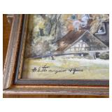 Framed Castle & River Landscape Painting of Reidlingen Germany - Signed 1947