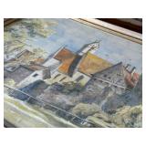 Framed Castle & River Landscape Painting of Reidlingen Germany - Signed 1947