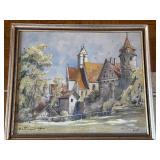 Framed Castle & River Landscape Painting of Reidlingen Germany - Signed 1947