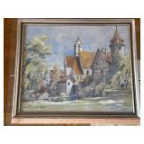 Framed Castle & River Landscape Painting of Reidlingen Germany - Signed 1947