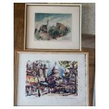 Maurice Girard Pair of Framed Watercolors - Paris Street Scene & European Village