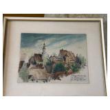 Maurice Girard Pair of Framed Watercolors - Paris Street Scene & European Village