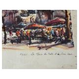 Maurice Girard Pair of Framed Watercolors - Paris Street Scene & European Village