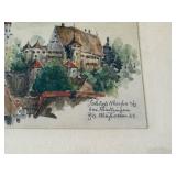 Maurice Girard Pair of Framed Watercolors - Paris Street Scene & European Village