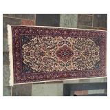 Vintage Hand-Knotted Style Geometric Floral Area Rug Fringe , Navy Blue & Red Border