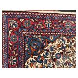Vintage Hand-Knotted Style Geometric Floral Area Rug Fringe , Navy Blue & Red Border