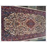 Vintage Hand-Knotted Style Geometric Floral Area Rug Fringe , Navy Blue & Red Border