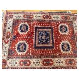 Persian-Style Oriental Rug - Red Field with Navy Central Medallion, Fringed Edges